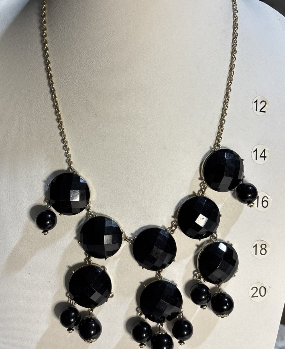 Black Faceted Statement Bib Necklace Gold Tone Beaded Dangle Adjustable